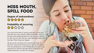 Miss mouth,
spill food
Degree of awkwardness
Probability of occurring
You may just be tired or having a long day, it’s not your
fault that your chip covered in BBQ sauce didn’t want to
be eaten and instead decided to jump onto your clothes.
It’s also not your fault that you were wearing a white shirt
that day. These things just happen.
All we can do is embrace the moment and move on!
We don’t recommend removing your shirt at this point in
time, but perhaps you could strategically carry your study
equipment to hide the damage before escaping to the
nearest bathroom to review the situation.
 