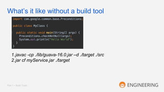 What’s it like without a build tool
Part 1 – Build Tools
1.javac -cp ./lib/guava-16.0.jar –d ./target ./src
2.jar cf myService.jar ./target
 