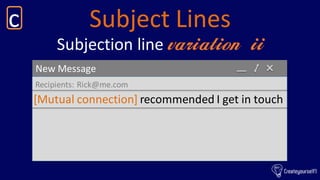 Subject Linesc
New Message
Recipients: Rick@me.com
[Mutual connection] recommended I get in touch
Subjection line variatio...