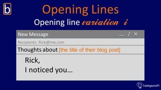 Opening Linesb
New Message
Recipients: Rick@me.com
Thoughts about [the title of their blog post]
Opening line variation i
...