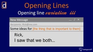 Opening Linesd
New Message
Recipients: Rick@me.com
Some ideas for [the thing that is important to them]
Opening line varia...