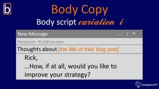 Body Copyb
New Message
Recipients: Rick@me.com
Thoughts about [the title of their blog post]
Body script variation i
Rick,...