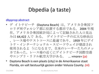 Dbpedia (a taste) dbpprop:abstract   デ イトナビーチ  ( Daytona Beach)  は、アメリカ合衆国フロリダ州ヴォルシア郡に位置する都市である。 2004 年現在、アメリカ合衆国統計局によって記録された人口見込みは 64,422 人で ある。 デイトナビーチの広大な砂浜は、レース場やテストコースに最適であり、 1959 年にデイトナ・インターナショナル・スピードウェイが建設され使用されるよ うになるまで、全米のレーサーたちのメッカであった。レース場の近くにデイトナビーチ国際空港やエンブリ・リドル航空大学がある。  ... » more»  (ja) Daytona Beach is een plaats (city) in de Amerikaanse staat Florida, en valt bestuurlijk gezien onder Volusia County.  (nl) 7/11/2009 Ex Libris Authority Panel 
