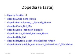 Dbpedia (a taste) is  dbpprop:location  of dbpedia:Amos_Kling_House dbpedia:Bartholomew_J._Donnelly_House dbpedia:Costa_Del_Mar dbpedia:Jackie_Robinson_Ballpark dbpedia:Mary_McLeod_Bethune_Home dbpedia:Olds_Hall dbpedia:Daytona_Beach_International_Airport dbpedia:Embry-Riddle_Aeronautical_University%2C_Worldwide 7/11/2009 Ex Libris Authority Panel 