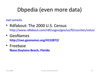 Dbpedia (even more data) owl:sameAs   Rdfabout: The 2000 U.S. Census http://www.rdfabout.com/rdf/usgov/geo/us/fl/counties/volusia_county/daytona_beach GeoNames http://sws.geonames.org/4152872/ Freebase fbase:Daytona Beach, Florida 7/11/2009 Ex Libris Authority Panel 