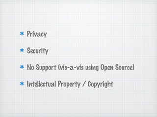 Privacy
Security
No Support (vis-a-vis using Open Source)
Intellectual Property / Copyright
 