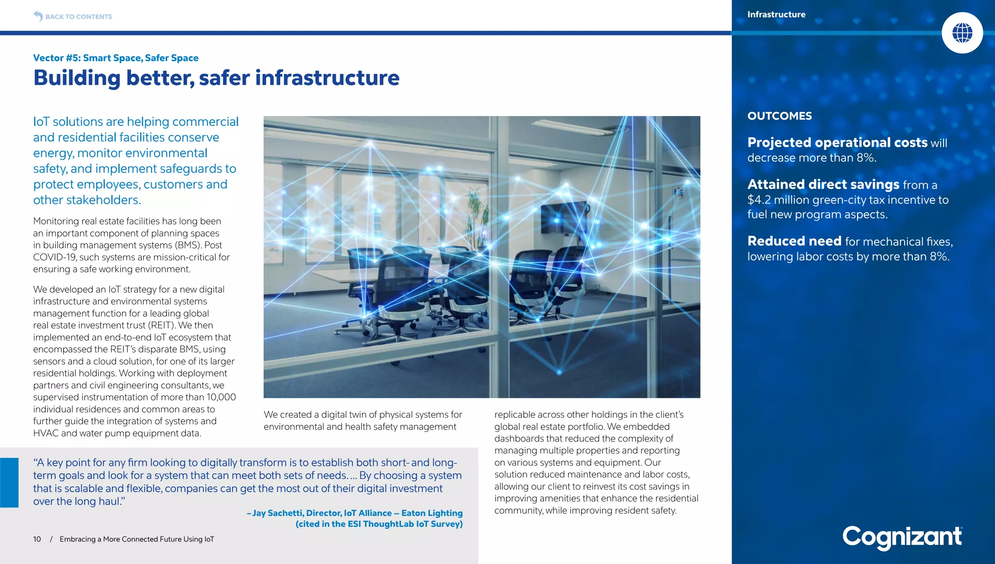 IoT solutions are helping commercial
and residential facilities conserve
energy, monitor environmental
safety, and implement safeguards to
protect employees, customers and
other stakeholders.
Monitoring real estate facilities has long been
an important component of planning spaces
in building management systems (BMS). Post
COVID-19, such systems are mission-critical for
ensuring a safe working environment.
We developed an IoT strategy for a new digital
infrastructure and environmental systems
management function for a leading global
real estate investment trust (REIT). We then
implemented an end-to-end IoT ecosystem that
encompassed the REIT’s disparate BMS, using
sensors and a cloud solution, for one of its larger
residential holdings. Working with deployment
partners and civil engineering consultants, we
supervised instrumentation of more than 10,000
individual residences and common areas to
further guide the integration of systems and
HVAC and water pump equipment data.
We created a digital twin of physical systems for
environmental and health safety management
replicable across other holdings in the client’s
global real estate portfolio. We embedded
dashboards that reduced the complexity of
managing multiple properties and reporting
on various systems and equipment. Our
solution reduced maintenance and labor costs,
allowing our client to reinvest its cost savings in
improving amenities that enhance the residential
community, while improving resident safety.
Vector #5: Smart Space, Safer Space
Building better, safer infrastructure
10 / Embracing a More Connected Future Using IoT
OUTCOMES
Projected operational costs will
decrease more than 8%.
Attained direct savings from a
$4.2 million green-city tax incentive to
fuel new program aspects.
Reduced need for mechanical fixes,
lowering labor costs by more than 8%.
BACK TO CONTENTS Infrastructure
“A key point for any firm looking to digitally transform is to establish both short- and long-
term goals and look for a system that can meet both sets of needs.… By choosing a system
that is scalable and flexible, companies can get the most out of their digital investment
over the long haul.”
–Jay Sachetti, Director, IoT Alliance – Eaton Lighting
(cited in the ESI ThoughtLab IoT Survey)
 