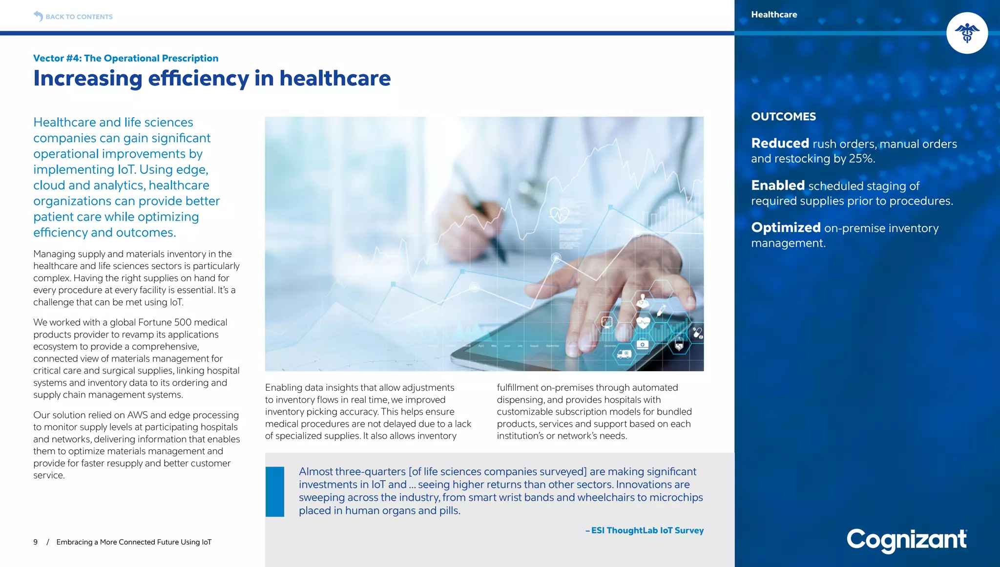 Healthcare and life sciences
companies can gain significant
operational improvements by
implementing IoT. Using edge,
cloud and analytics, healthcare
organizations can provide better
patient care while optimizing
efficiency and outcomes.
Managing supply and materials inventory in the
healthcare and life sciences sectors is particularly
complex. Having the right supplies on hand for
every procedure at every facility is essential. It’s a
challenge that can be met using IoT.
We worked with a global Fortune 500 medical
products provider to revamp its applications
ecosystem to provide a comprehensive,
connected view of materials management for
critical care and surgical supplies, linking hospital
systems and inventory data to its ordering and
supply chain management systems.
Our solution relied on AWS and edge processing
to monitor supply levels at participating hospitals
and networks, delivering information that enables
them to optimize materials management and
provide for faster resupply and better customer
service.
Enabling data insights that allow adjustments
to inventory flows in real time, we improved
inventory picking accuracy. This helps ensure
medical procedures are not delayed due to a lack
of specialized supplies. It also allows inventory
fulfillment on-premises through automated
dispensing, and provides hospitals with
customizable subscription models for bundled
products, services and support based on each
institution’s or network’s needs.
Vector #4: The Operational Prescription
Increasing efficiency in healthcare
9 / Embracing a More Connected Future Using IoT
OUTCOMES
Reduced rush orders, manual orders
and restocking by 25%.
Enabled scheduled staging of
required supplies prior to procedures.
Optimized on-premise inventory
management.
BACK TO CONTENTS Healthcare
Almost three-quarters [of life sciences companies surveyed] are making significant
investments in IoT and … seeing higher returns than other sectors. Innovations are
sweeping across the industry,from smart wrist bands and wheelchairs to microchips
placed in human organs and pills.
– ESI ThoughtLab IoT Survey
 