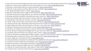 1. Krisp: Krisp's AI removes background voices, noises, and echo from your calls, giving you peace of call: https://krisp.ai/
2. Beatoven: Create unique royalty-free music that elevates your story: https://www.beatoven.ai/
3. Cleanvoice: Automatically edit your podcast episodes: https://cleanvoice.ai/
4. Podcastle: Studio quality recording, right from your computer: https://podcastle.ai/
5. Flair: Design branded content in a flash: https://flair.ai/
6. Illustroke: Create killer vector images from text prompts: https://illustroke.com/
7. Patterned: Generate the exact patterns you need for and design: https://www.patterned.ai/
8. Stockimg: Generate the perfect stock photo you need, every time: https://stockimg.ai/
9. Copy: AI Generated copy, that actually increases conversion: https://www.copy.ai/
10. CopyMonkey: Create Amazon listings in seconds: http://copymonkey.ai/
11. Ocoya: Create and schedule social media content 10x faster: https://www.ocoya.com/
12. Unbounce Smart Copy: Write high-performing cold emails at scale Link: https://unbounce.com/
13. Vidyo: Make short-form vids from long-form content in just a few clicks: https://vidyo.ai/
14. Maverick: Generate personalized videos at scale: https://lnkd.in/dmrkz_ah
15. Quickchat: AI chatbots that automate customer service charts: https://www.quickchat.ai/
16. Puzzle: Build an AI-powered knowledge base for your team and customers: https://www.puzzlelabs.ai/
17. Soundraw: Stop searching for the song you need. Create it: https://soundraw.io/
18. Cleanup: Remove any wanted object, defect, people, or text from your pictures in seconds: https://cleanup.pictures/
19. Resumeworded: Improve your resume and LinkedIn profile: https://lnkd.in/d9EurcnX
20. Looka: Design your own beautiful brand: https://looka.com/
21. theresanaiforthat: Comprehensive database of AIs available for every task: https://lnkd.in/dKhqaaF3
22. Synthesia: Create AI videos by simply typing in text: https://www.synthesia.io/
23. descript: New way to make video and podcasts: https://lnkd.in/d_Kdj35E
24. Otter: Capture and share insights from your meetings: https://otter.ai/
25. Inkforall: AI content (Generation, Optimization, Performance): https://inkforall.com/
26. Thundercontent: Generate Content with AI: https://lnkd.in/djFxMZsZ 10
 
