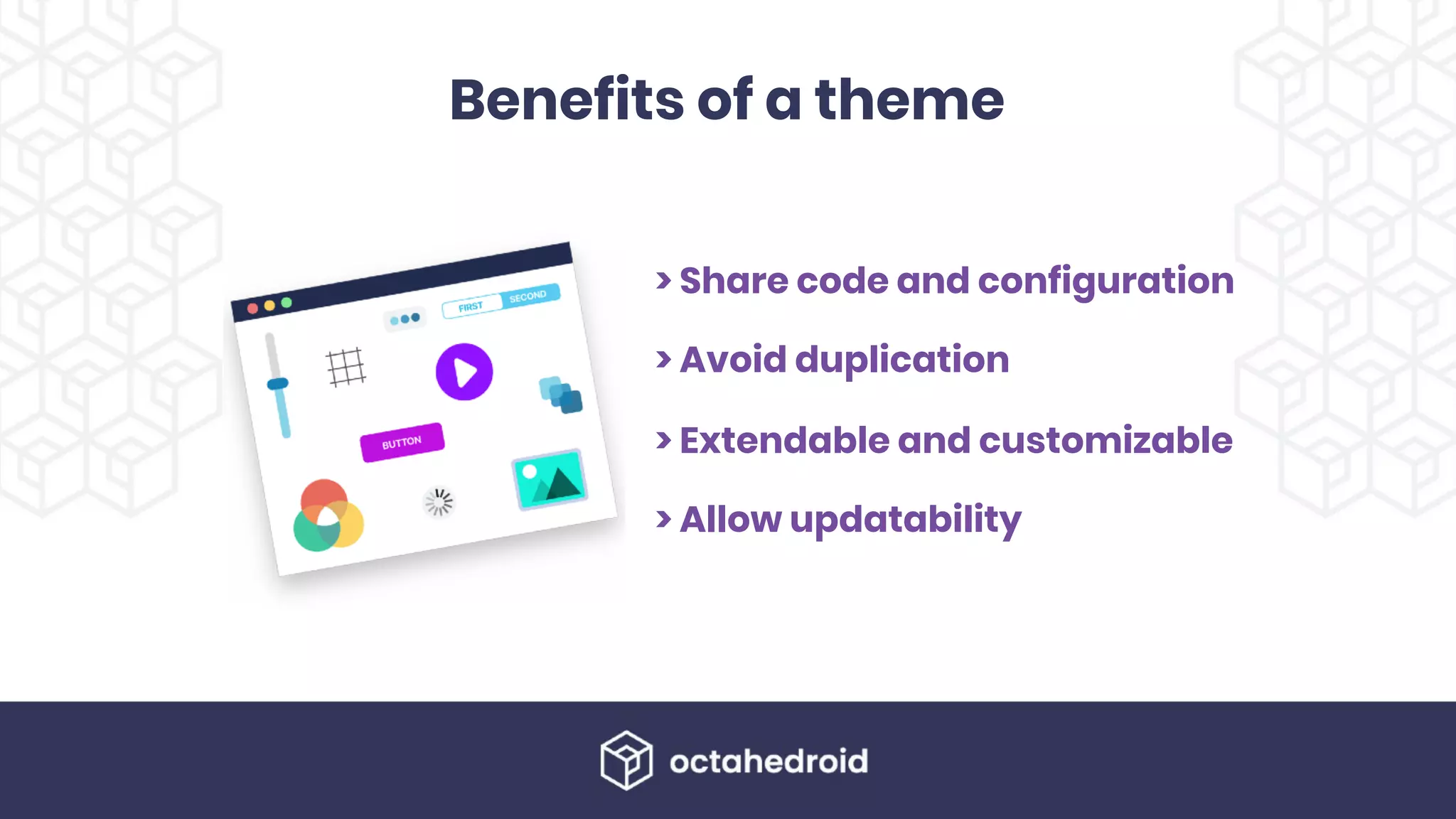Benefits of a theme
> Share code and configuration
> Avoid duplication
> Extendable and customizable
> Allow updatability
 