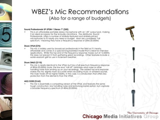 WBEZ’s Mic Recommendations (Also for a range of budgets) <ul><li>Sound Professionals SP-SPSM-1 Stereo ‘T’ ($50) </li></ul>...
