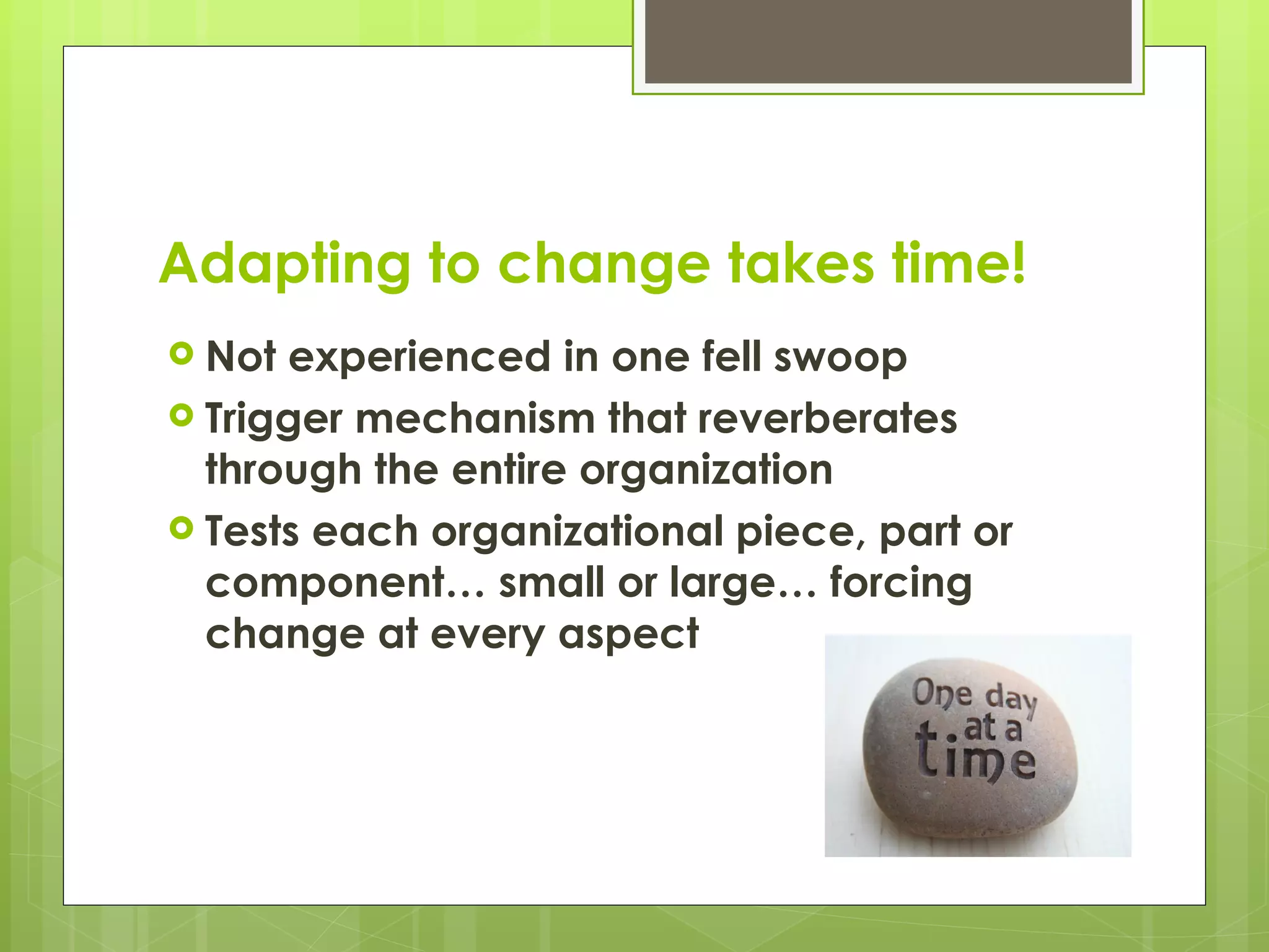 Adapting to change takes time! Not experienced in one fell swoop Trigger mechanism that reverberates through the entire organization Tests each organizational piece, part or component… small or large… forcing change at every aspect 
