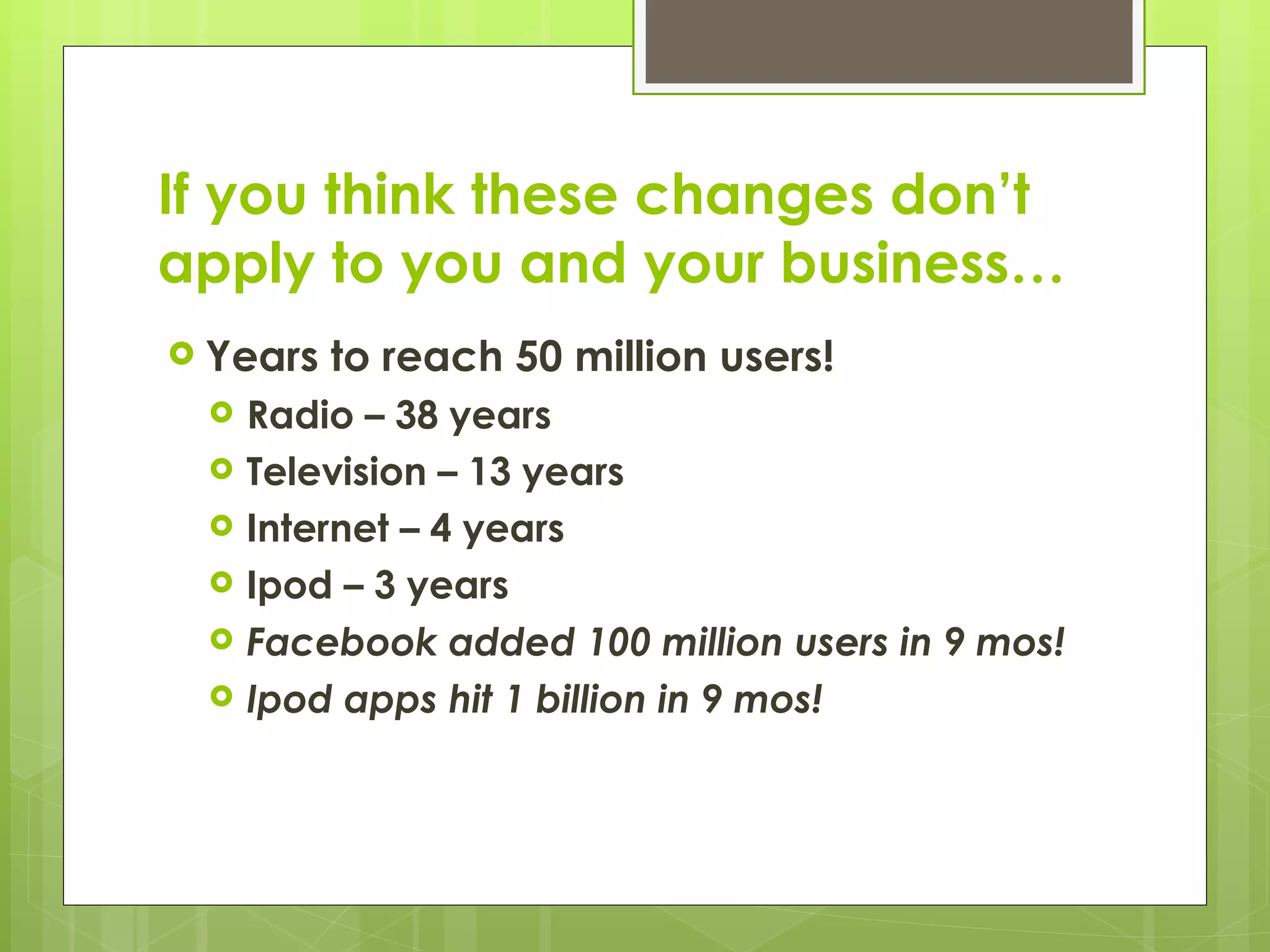 If you think these changes don’t apply to you and your business… Years to reach 50 million users! Radio – 38 years Television – 13 years Internet – 4 years Ipod – 3 years Facebook added 100 million users in 9 mos! Ipod apps hit 1 billion in 9 mos! 