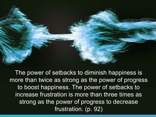 The power of setbacks to diminish happiness is 
more than twice as strong as the power of progress 
to boost happiness. The power of setbacks to 
increase frustration is more than three times as 
strong as the power of progress to decrease 
frustration. (p. 92) 
 