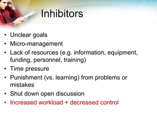 Inhibitors 
• Unclear goals 
• Micro-management 
• Lack of resources (e.g. information, equipment, 
funding, personnel, training) 
• Time pressure 
• Punishment (vs. learning) from problems or 
mistakes 
• Shut down open discussion 
• Increased workload + decreased control 
 