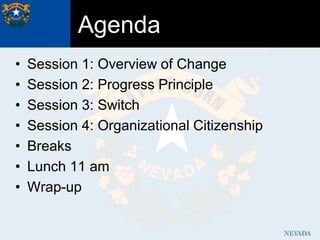 Agenda 
• Session 1: Overview of Change 
• Session 2: Progress Principle 
• Session 3: Switch 
• Session 4: Organizational Citizenship 
• Breaks 
• Lunch 11 am 
• Wrap-up 
 