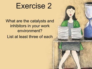 Exercise 2 
What are the catalysts and 
inhibitors in your work 
environment? 
List at least three of each 
 