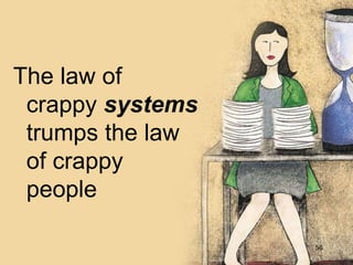 The law of 
crappy systems 
trumps the law 
of crappy 
people 
56 
 
