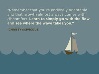 “Remember that you’re endlessly adaptable 
and that growth almost always comes with 
discomfort. Learn to simply go with the flow 
and see where the wave takes you.” 
-CHRISSY SCIVICQUE 
Source: http://www.forbes.com/sites/work-in-progress/2011/07/18/learning-to-love-change-in-the-workplace/ 
 