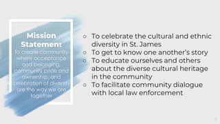 15
Mission
Statement
To create community
where acceptance
and belonging,
community pride and
ownership, and
celebration of...