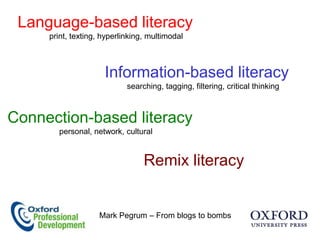 Language-based literacy
     print, texting, hyperlinking, multimodal



                     Information-based literacy
                            searching, tagging, filtering, critical thinking



Connection-based literacy
       personal, network, cultural


                                 Remix literacy


                   Mark Pegrum – From blogs to bombs
 