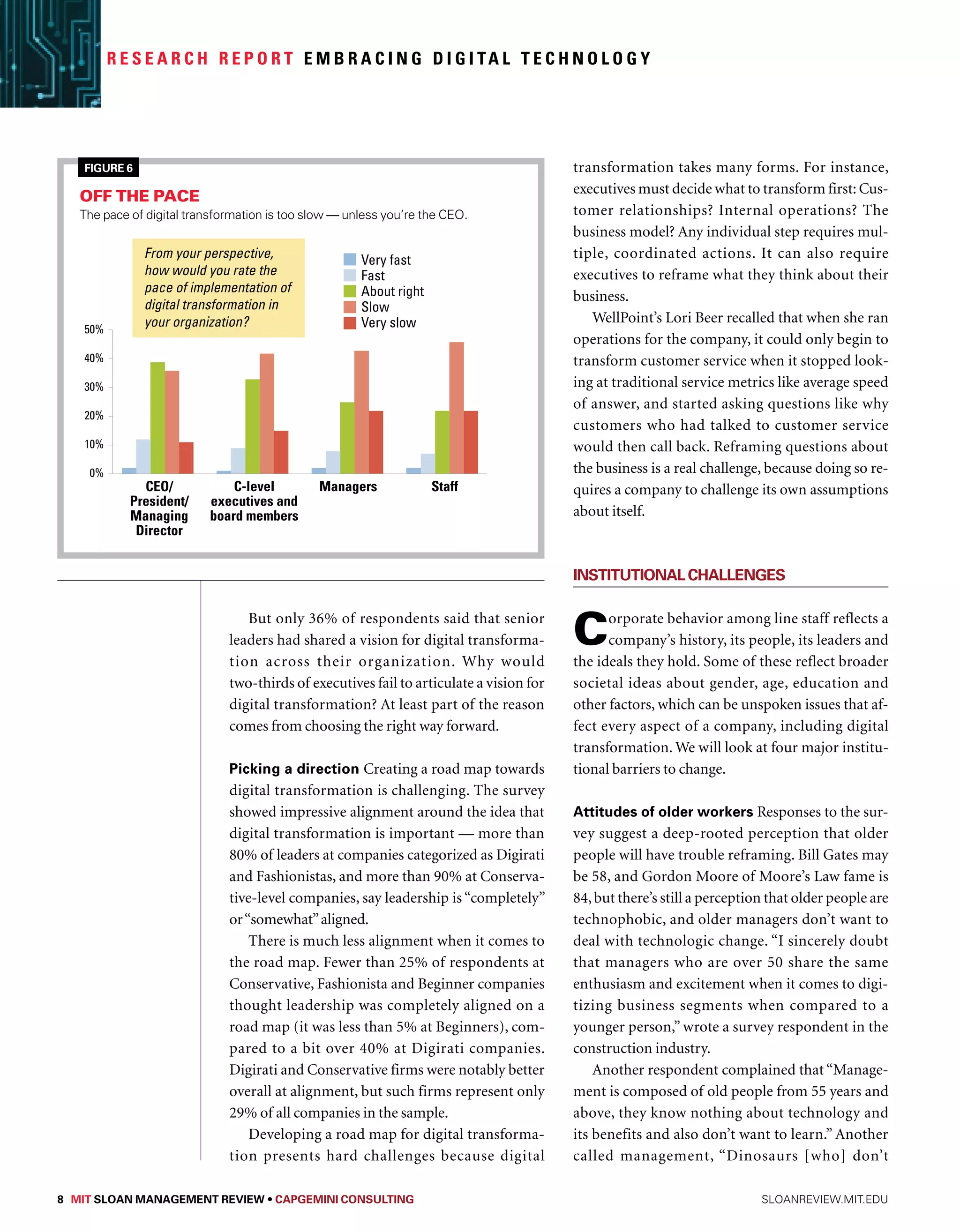 R e s e a r c h R e p o r t Embr a c i n g D i g i ta l Technology 
Figure 6 ppt11 
Off the pace 
The pace of digital transformation is too slow — unless you’re the CEO. 
From your perspective, 
how would you rate the 
pace of implementation of 
digital transformation in 
your organization? 
C-level 
executives and 
board members 
Very fast 
Fast 
About right 
Slow 
Very slow 
Managers Staff 
But only 36% of respondents said that senior 
leaders had shared a vision for digital transforma-tion 
across their organization. Why would 
two-thirds of executives fail to articulate a vision for 
digital transformation? At least part of the reason 
comes from choosing the right way forward. 
Picking a direction Creating a road map towards 
digital transformation is challenging. The survey 
showed impressive alignment around the idea that 
digital transformation is important — more than 
80% of leaders at companies categorized as Digirati 
and Fashionistas, and more than 90% at Conserva-tive- 
level companies, say leadership is “completely” 
or “somewhat” aligned. 
There is much less alignment when it comes to 
the road map. Fewer than 25% of respondents at 
Conservative, Fashionista and Beginner companies 
thought leadership was completely aligned on a 
road map (it was less than 5% at Beginners), com-pared 
to a bit over 40% at Digirati companies. 
Digirati and Conservative firms were notably better 
overall at alignment, but such firms represent only 
29% of all companies in the sample. 
Developing a road map for digital transforma-tion 
presents hard challenges because digital 
transformation takes many forms. For instance, 
executives must decide what to transform first: Cus-tomer 
relationships? Internal operations? The 
business model? Any individual step requires mul-tiple, 
coordinated actions. It can also require 
executives to reframe what they think about their 
business. 
WellPoint’s Lori Beer recalled that when she ran 
operations for the company, it could only begin to 
transform customer service when it stopped look-ing 
at traditional service metrics like average speed 
of answer, and started asking questions like why 
customers who had talked to customer service 
would then call back. Reframing questions about 
the business is a real challenge, because doing so re-quires 
a company to challenge its own assumptions 
about itself. 
Institutional Challenges 
Corporate behavior among line staff reflects a 
company’s history, its people, its leaders and 
the ideals they hold. Some of these reflect broader 
societal ideas about gender, age, education and 
other factors, which can be unspoken issues that af-fect 
every aspect of a company, including digital 
transformation. We will look at four major institu-tional 
barriers to change. 
Attitudes of older workers Responses to the sur-vey 
suggest a deep-rooted perception that older 
people will have trouble reframing. Bill Gates may 
be 58, and Gordon Moore of Moore’s Law fame is 
84, but there’s still a perception that older people are 
technophobic, and older managers don’t want to 
deal with technologic change. “I sincerely doubt 
that managers who are over 50 share the same 
enthusiasm and excitement when it comes to digi-tizing 
business segments when compared to a 
younger person,” wrote a survey respondent in the 
construction industry. 
Another respondent complained that “Manage-ment 
is composed of old people from 55 years and 
above, they know nothing about technology and 
its benefits and also don’t want to learn.” Another 
called management, “Dinosaurs [who] don’t 
50% 
40% 
30% 
20% 
10% 
0% 
CEO/ 
President/ 
Managing 
Director 
8 MIT SLOAN MANAGEMENT REVIEW • Capgemini Consulting sloanreview.mit.edu 
 