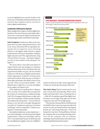 sloanreview.mit.edu Embracing Digital Technology • MIT SLOAN MANAGEMENT REVIEW 7
research highlighted nine specific hurdles in the
broad areas of leadership, institutional obstacles and
execution that companies need to overcome to
achieve digital transformation.
Leadership: Defining the Agenda
Manymanagersfeelnourgencytoachievedigitaltrans-
formation. This may be because so few leaders offer a
vision and a road map for digital transformation,
leavingmanagerswithnomotivationforachievingit.
Lack of urgency Complacency affects more com-
panies than any other organizational barrier cited
in our survey, with almost 40% of respondents say-
ing that lack of urgency/no sense of burning
platform is the biggest single obstacle to digital
transformation. One survey respondent working in
higher education said “The organization has a long
(70 years) history of success ... the need to change is
not clear to some members of the old guard” (see
Figure 5).
The survey shows a clear split in perception of
urgency between the top managers at companies
and those below them. In fact, the further down the
organizational ladder one goes, the less satisfied
workers are with the pace of digital transformation
at their organizations. A third of C-level executives
and board members think the pace of change is
about right,and another 10% think it is fast,or even
very fast. CEOs are particularly bullish — 53%
think the pace is right, fast, or very fast, the highest
of any category (see Figure 6, p.8).
CEOs might know something their colleagues
don’t, of course. Or it could be that as one gets into
the trenches of transformation, conditions change.
Only 25% of managers think the pace is right, and a
mere 22% of staff agree. Of these, product develop-
ment staff are the most positive — just over 40% say
the pace is very fast, fast or just right. Management
was guilty of “complacency, ignorance of modern
technology,” said one respondent. “Clueless man-
agement,”commented another.
But employee skepticism can also impede pace —
even when leadership is on board to promote digital
transformation.“There is too much hype,” said one
CEO.“I can’t push harder because of all the hype and
the overselling from suppliers. I lose my credibility if
I push it too hard. So we take a slower approach just
to make sure we don’t give the naysayers their way.”
The vision thing Digital transformation starts
with a vision from top leadership. Where senior
leaders had shared their vision, it had huge buy-in
— fully 93% of employees agreed that digital trans-
formation was the right thing right now for their
companies to do, and 73% strongly agreed.
“This idea that a thousand flowers will bloom and
we will all be okay is a great way to get some ideas,but
we have not seen any transformations that happen
bottom up,” said George Westerman. “They’re all
being driven top down. The big difference between
the companies that are just doing technology initia-
tives and the companies that are leading a
technology-based transformation is how they’re put-
ting the leadership frameworks in place.”
30%
27%
28%
33%
39%
28%
24%
9%
16%
19%
No “burning platform” / no sense of urgency
Not enough funding
Limitations of IT systems
Roles and responsibilities are not clear
Lack of vision
Unclear business case
Business units implementing independently in silos
Culture not amenable to change
Lack of leadership skills
Regulatory concerns
What are the most
significant
organizational
barriers to Digital
Transformation in
your organization
as a whole?
Select up to 3.
ppt15 (09)
The biggest transformation traps
Desire, money and tools are the three big reasons organizations fail to use
technology to make their business better.
Figure 5
Percentages refer to respondents who clicked this option versus total number of respondents who
answered this question.
 