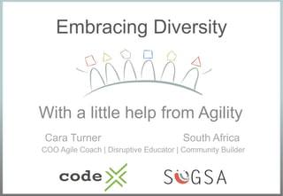 Embracing Diversity
With a little help from Agility
Cara Turner South Africa
COO Agile Coach | Disruptive Educator | Community Builder
 