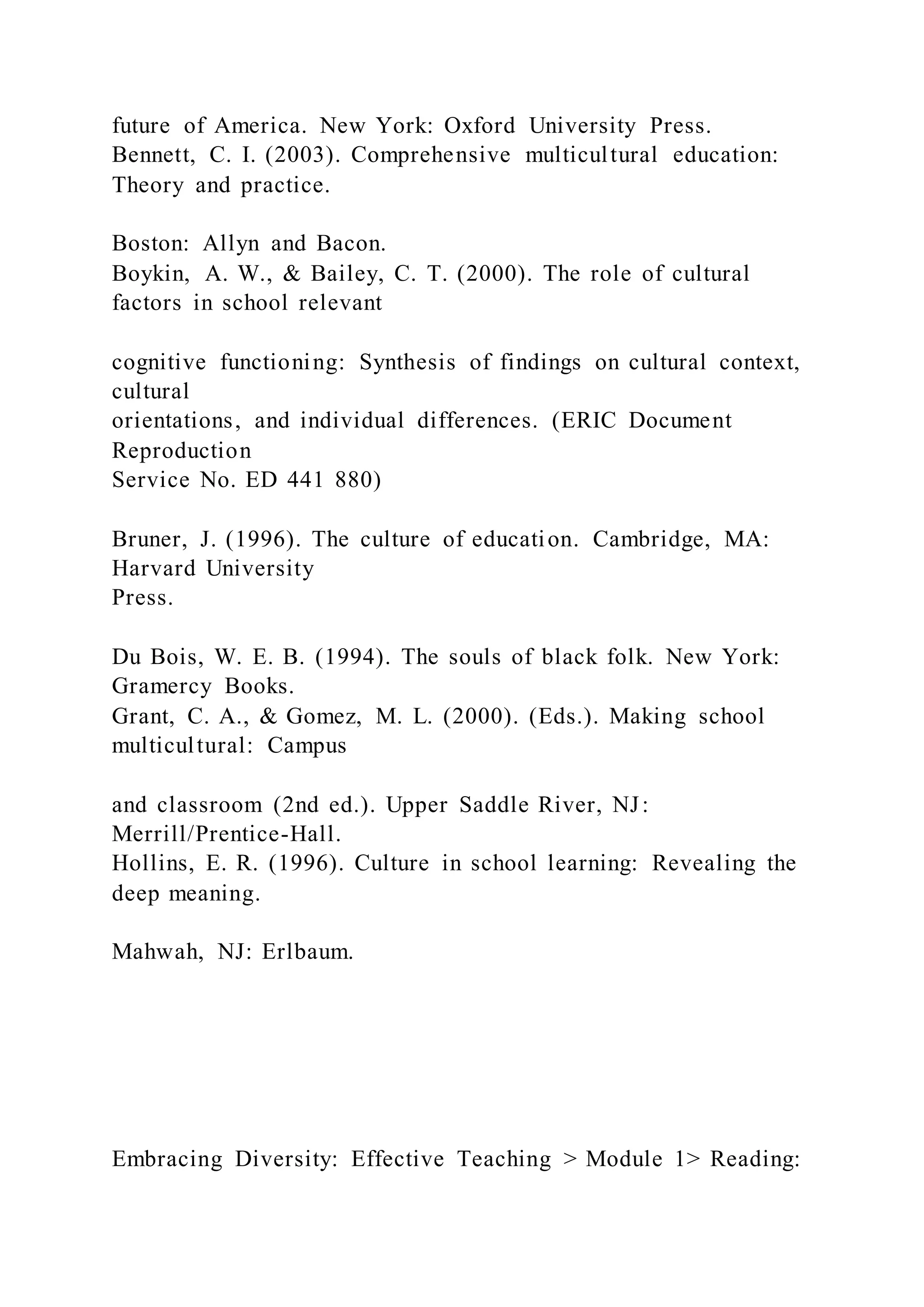 future of America. New York: Oxford University Press.
Bennett, C. I. (2003). Comprehensive multicultural education:
Theory and practice.
Boston: Allyn and Bacon.
Boykin, A. W., & Bailey, C. T. (2000). The role of cultural
factors in school relevant
cognitive functioning: Synthesis of findings on cultural context,
cultural
orientations, and individual differences. (ERIC Document
Reproduction
Service No. ED 441 880)
Bruner, J. (1996). The culture of education. Cambridge, MA:
Harvard University
Press.
Du Bois, W. E. B. (1994). The souls of black folk. New York:
Gramercy Books.
Grant, C. A., & Gomez, M. L. (2000). (Eds.). Making school
multicultural: Campus
and classroom (2nd ed.). Upper Saddle River, NJ:
Merrill/Prentice-Hall.
Hollins, E. R. (1996). Culture in school learning: Revealing the
deep meaning.
Mahwah, NJ: Erlbaum.
Embracing Diversity: Effective Teaching > Module 1> Reading:
 