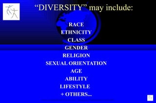 “ DIVERSITY” may include:  RACE ETHNICITY CLASS GENDER RELIGION SEXUAL ORIENTATION AGE ABILITY LIFESTYLE  + OTHERS... www.GallantHealthWorks.com  "Engaging Stakeholders in Health" 