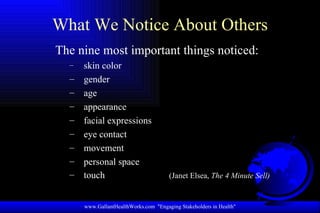 What We Notice About Others The nine most important things noticed: skin color gender age appearance facial expressions eye contact movement personal space touch (Janet Elsea,  The 4 Minute Sell) www.GallantHealthWorks.com  "Engaging Stakeholders in Health" 