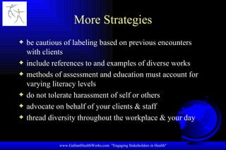 More Strategies be cautious of labeling based on previous encounters with clients include references to and examples of diverse works  methods of assessment and education must account for varying literacy levels do not tolerate harassment of self or others advocate on behalf of your clients & staff thread diversity throughout the workplace & your day www.GallantHealthWorks.com  "Engaging Stakeholders in Health" 