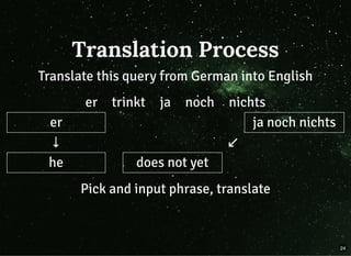 Translation Process
Translate this query from German into English
er trinkt ja noch nichts
er     ja noch nichts
↓      
he   does not yet  
Pick and input phrase, translate
24
 