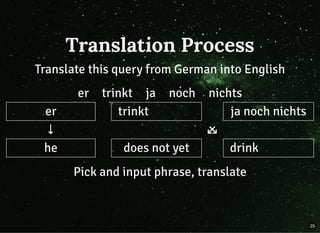 Translation Process
Translate this query from German into English
er trinkt ja noch nichts
er   trinkt   ja noch nichts
↓      
he   does not yet   drink
Pick and input phrase, translate
25
 