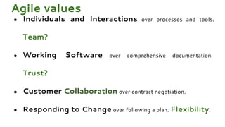 ● Individuals and Interactions over processes and tools.
Team?
● Working Software over comprehensive documentation.
Trust?
● Customer Collaboration over contract negotiation.
● Responding to Change over following a plan. Flexibility.
Agile values
 