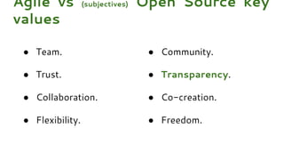Agile vs (subjectives) Open Source key
values
● Community.
● Transparency.
● Co-creation.
● Freedom.
● Team.
● Trust.
● Collaboration.
● Flexibility.
 