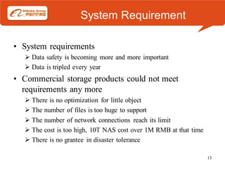 System Requirement

• System requirements
    Data safety is becoming more and more important
    Data is tripled every year
• Commercial storage products could not meet
  requirements any more
    There is no optimization for little object
    The number of files is too huge to support
    The number of network connections reach its limit
    The cost is too high, 10T NAS cost over 1M RMB at that time
    There is no grantee in disaster tolerance

                                                                   13
 