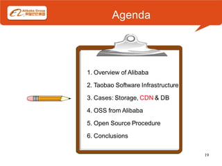 Agenda




1. Overview of Alibaba

2. Taobao Software Infrastructure

3. Cases: Storage, CDN & DB

4. OSS from Alibaba

5. Open Source Procedure

6. Conclusions

                                    19
 