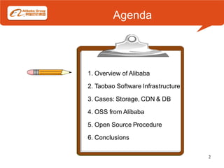 Agenda




1. Overview of Alibaba

2. Taobao Software Infrastructure

3. Cases: Storage, CDN & DB

4. OSS from Alibaba

5. Open Source Procedure

6. Conclusions

                                    2
 