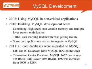 MySQL Development

• 2008: Using MySQL in non-critical applications
• 2010: Building MySQL development team
   – Combining High-speed non-volatile memory and multiple
     layer system optimization
   – TDDL data sharding middleware was getting mature
   – Some core applications started to migrate to MySQL
• 2011: all core databases were migrated to MySQL
   – UIC and IC Databases have MySQL 16*2 cluster each
   – Transaction Center Database: MySQL 16*2 cost is near
     4M RMB (IOE is over 20M RMB), TPS was increased
     from 9000 to 128K                                       27
 