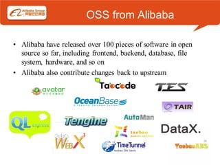 OSS from Alibaba

• Alibaba have released over 100 pieces of software in open
  source so far, including frontend, backend, database, file
  system, hardware, and so on
• Alibaba also contribute changes back to upstream




                                                               30
 
