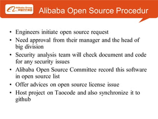 Alibaba Open Source Procedur

• Engineers initiate open source request
• Need approval from their manager and the head of
  big division
• Security analysis team will check document and code
  for any security issues
• Alibaba Open Source Committee record this software
  in open source list
• Offer advices on open source license issue
• Host project on Taocode and also synchronize it to
  github
 