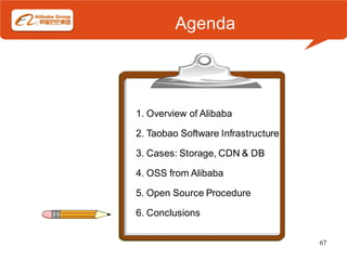 Agenda




1. Overview of Alibaba

2. Taobao Software Infrastructure

3. Cases: Storage, CDN & DB

4. OSS from Alibaba

5. Open Source Procedure

6. Conclusions

                                    67
 