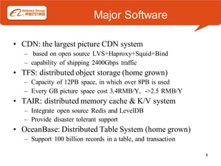 Major Software

• CDN: the largest picture CDN system
   – based on open source LVS+Haproxy+Squid+Bind
   – capability of shipping 2400Gbps traffic
• TFS: distributed object storage (home grown)
   – Capacity of 12PB space, in which over 8PB is used
   – Every GB picture space cost 3.4RMB/Y, ->2.5 RMB/Y
• TAIR: distributed memory cache & K/V system
   – Integrate open source Redis and LevelDB
   – Provide disaster tolerant support
• OceanBase: Distributed Table System (home grown)
   – Support 100 billion records in a table, and transaction

                                                               8
 