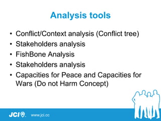 www.jci.cc
Analysis tools
• Conflict/Context analysis (Conflict tree)
• Stakeholders analysis
• FishBone Analysis
• Stakeholders analysis
• Capacities for Peace and Capacities for
Wars (Do not Harm Concept)
 