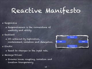 Reactive Manifesto
Responsive
Responsiveness is the cornerstone of
usability and utility.
Resilient
It’s achieved by replication,
containment, isolation and delegation.
Elastic
React to changes in the input rate.
Message-Driven
Ensures loose coupling, isolation and
location transparency.
15
 