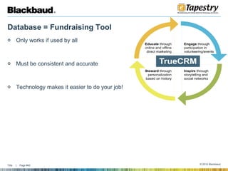 Database = Fundraising Tool  Only works if used by all Must be consistent and accurate Technology makes it easier to do your job!  