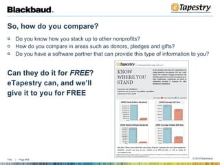 So, how do you compare?  Do you know how you stack up to other nonprofits?  How do you compare in areas such as donors, pledges and gifts?  Do you have a software partner that can provide this type of information to you? Can they do it for  FREE ?  eTapestry can, and we’ll  give it to you for FREE 