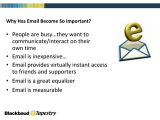 Why Has Email Become So Important? People are busy…they want to  communicate/interact on their  own time Email is inexpensive… Email provides virtually instant access  to friends and supporters Email is a great equalizer Email is measurable 