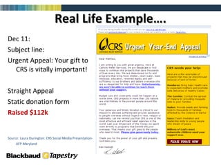 Real Life Example…. Dec 11: Subject line:  Urgent Appeal: Your gift to CRS is vitally important! Straight Appeal  Static donation form Raised $112k Source: Laura Durington: CRS Social Media Presentation-AFP Maryland   